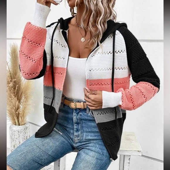 Boho color block zip up drawstring hooded knit sweater - Picture 1 of 5